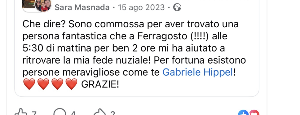Recensione di Sara Masnada del 15 agosto 2023 per il recupero della fede nuziale a Ferragosto