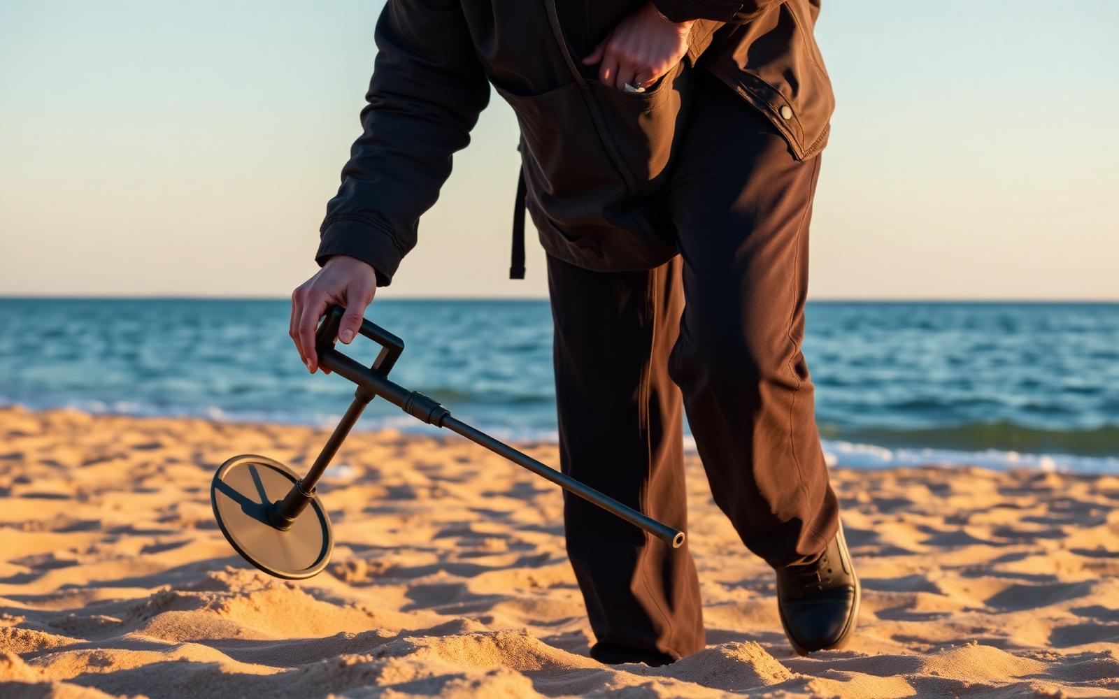 Metal detector recovery on Adriatic beach at sunrise